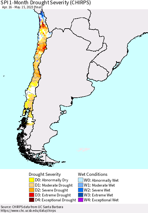 Chile SPI 1-Month Drought Severity (CHIRPS) Thematic Map For 4/16/2023 - 5/15/2023