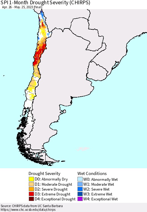 Chile SPI 1-Month Drought Severity (CHIRPS) Thematic Map For 4/26/2023 - 5/25/2023