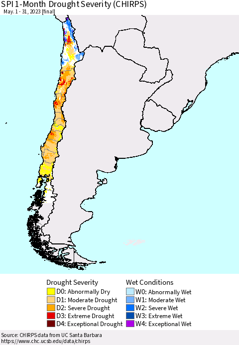 Chile SPI 1-Month Drought Severity (CHIRPS) Thematic Map For 5/1/2023 - 5/31/2023