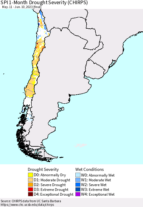 Chile SPI 1-Month Drought Severity (CHIRPS) Thematic Map For 5/11/2023 - 6/10/2023