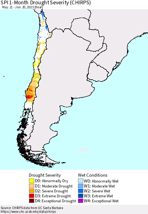 Chile SPI 1-Month Drought Severity (CHIRPS) Thematic Map For 5/21/2023 - 6/20/2023