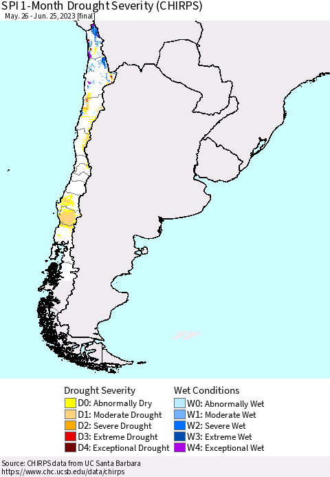 Chile SPI 1-Month Drought Severity (CHIRPS) Thematic Map For 5/26/2023 - 6/25/2023