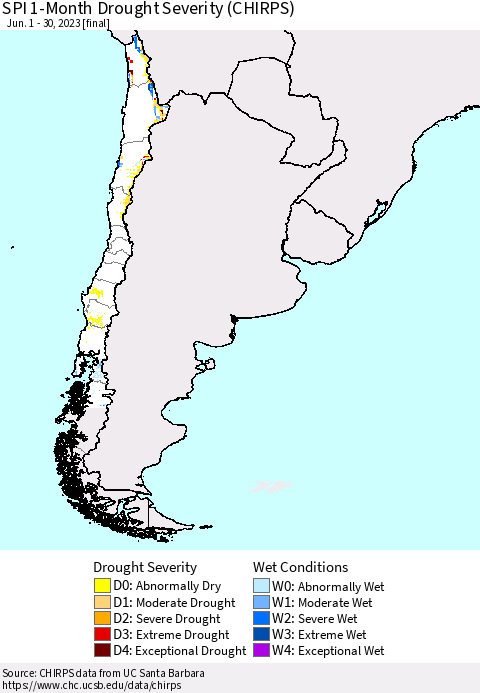 Chile SPI 1-Month Drought Severity (CHIRPS) Thematic Map For 6/1/2023 - 6/30/2023