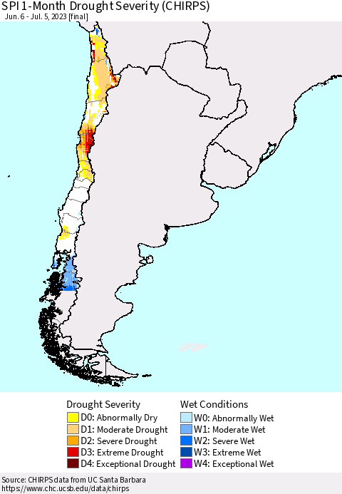 Chile SPI 1-Month Drought Severity (CHIRPS) Thematic Map For 6/6/2023 - 7/5/2023