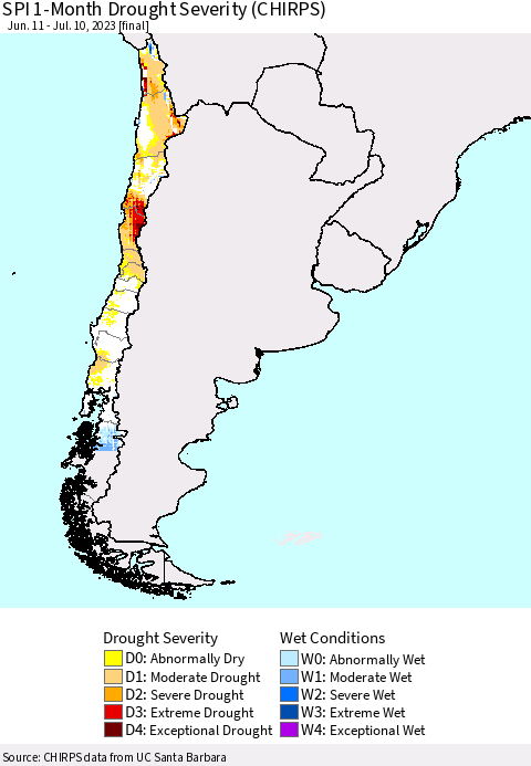 Chile SPI 1-Month Drought Severity (CHIRPS) Thematic Map For 6/11/2023 - 7/10/2023