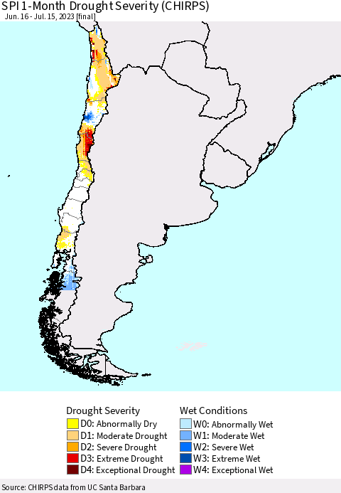 Chile SPI 1-Month Drought Severity (CHIRPS) Thematic Map For 6/16/2023 - 7/15/2023