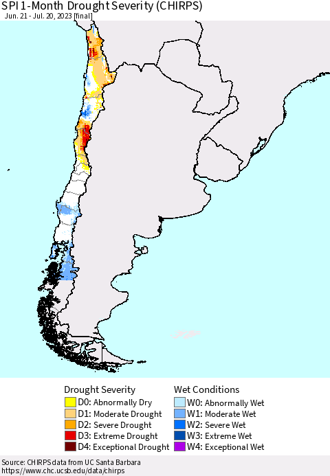 Chile SPI 1-Month Drought Severity (CHIRPS) Thematic Map For 6/21/2023 - 7/20/2023