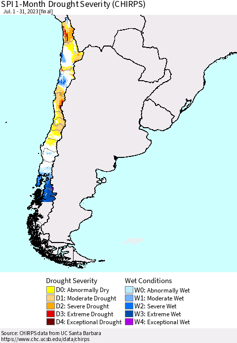 Chile SPI 1-Month Drought Severity (CHIRPS) Thematic Map For 7/1/2023 - 7/31/2023