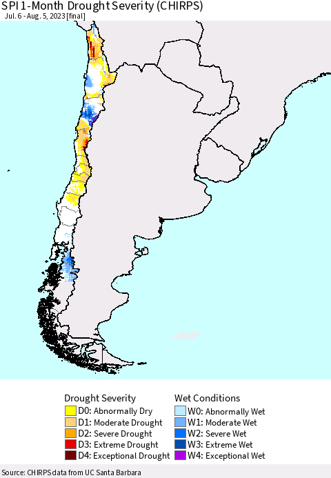 Chile SPI 1-Month Drought Severity (CHIRPS) Thematic Map For 7/6/2023 - 8/5/2023