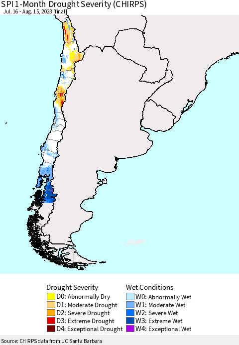 Chile SPI 1-Month Drought Severity (CHIRPS) Thematic Map For 7/16/2023 - 8/15/2023