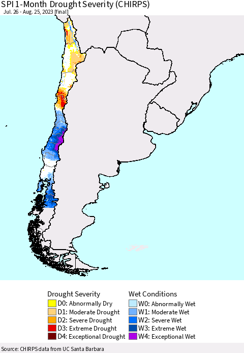 Chile SPI 1-Month Drought Severity (CHIRPS) Thematic Map For 7/26/2023 - 8/25/2023