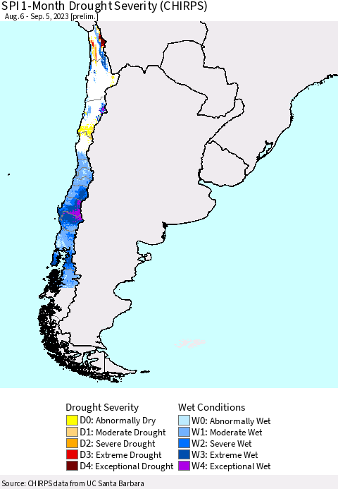 Chile SPI 1-Month Drought Severity (CHIRPS) Thematic Map For 8/6/2023 - 9/5/2023