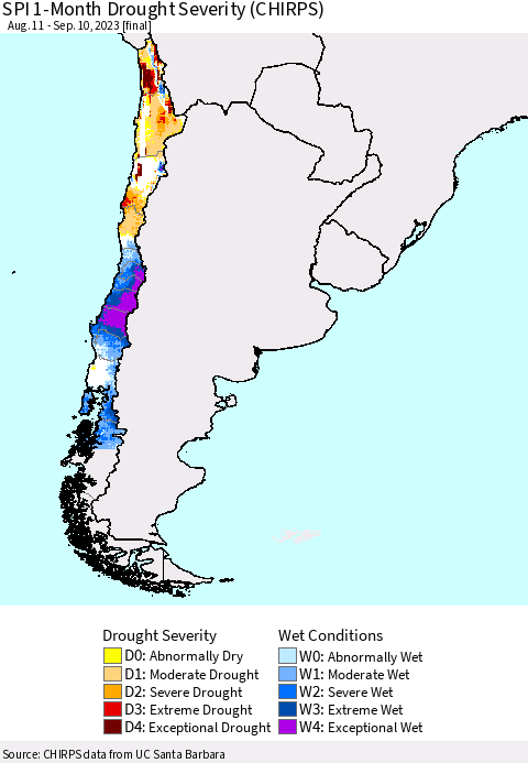 Chile SPI 1-Month Drought Severity (CHIRPS) Thematic Map For 8/11/2023 - 9/10/2023