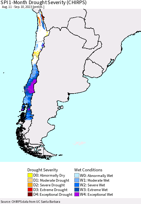 Chile SPI 1-Month Drought Severity (CHIRPS) Thematic Map For 8/11/2023 - 9/10/2023