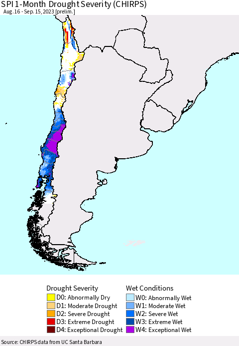 Chile SPI 1-Month Drought Severity (CHIRPS) Thematic Map For 8/16/2023 - 9/15/2023