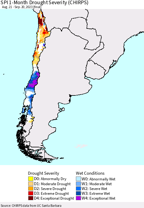 Chile SPI 1-Month Drought Severity (CHIRPS) Thematic Map For 8/21/2023 - 9/20/2023