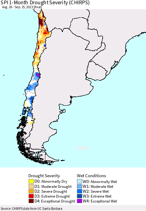 Chile SPI 1-Month Drought Severity (CHIRPS) Thematic Map For 8/26/2023 - 9/25/2023