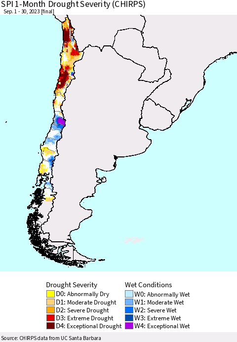 Chile SPI 1-Month Drought Severity (CHIRPS) Thematic Map For 9/1/2023 - 9/30/2023