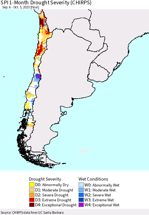 Chile SPI 1-Month Drought Severity (CHIRPS) Thematic Map For 9/6/2023 - 10/5/2023