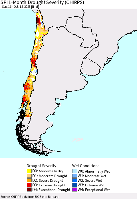 Chile SPI 1-Month Drought Severity (CHIRPS) Thematic Map For 9/16/2023 - 10/15/2023