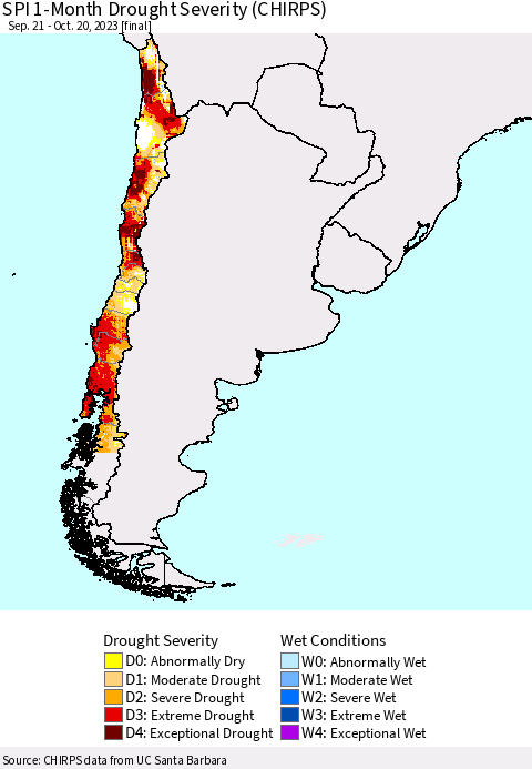 Chile SPI 1-Month Drought Severity (CHIRPS) Thematic Map For 9/21/2023 - 10/20/2023