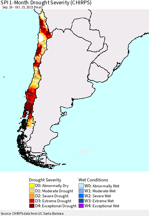 Chile SPI 1-Month Drought Severity (CHIRPS) Thematic Map For 9/26/2023 - 10/25/2023