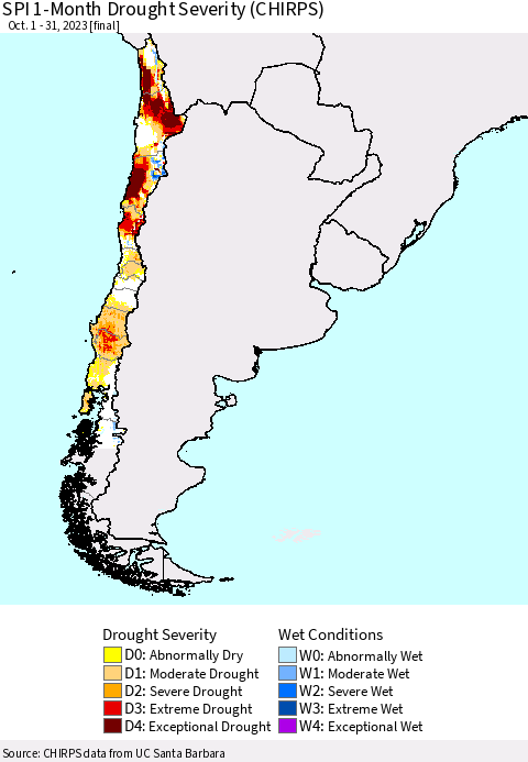 Chile SPI 1-Month Drought Severity (CHIRPS) Thematic Map For 10/1/2023 - 10/31/2023