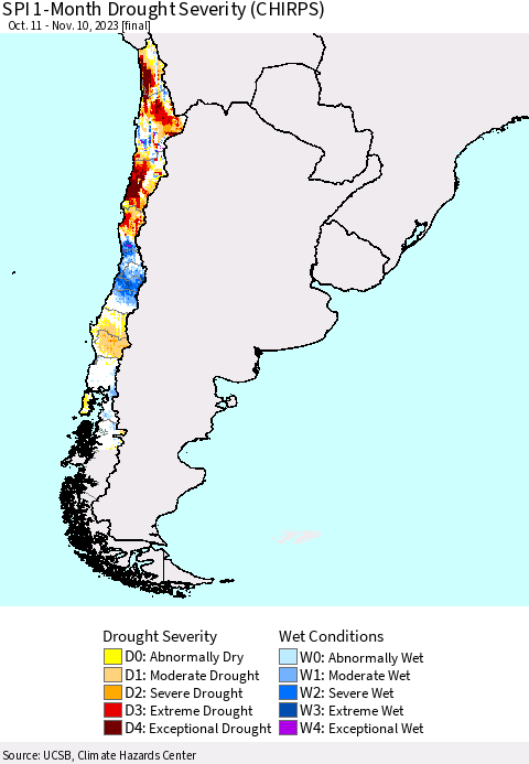 Chile SPI 1-Month Drought Severity (CHIRPS) Thematic Map For 10/11/2023 - 11/10/2023