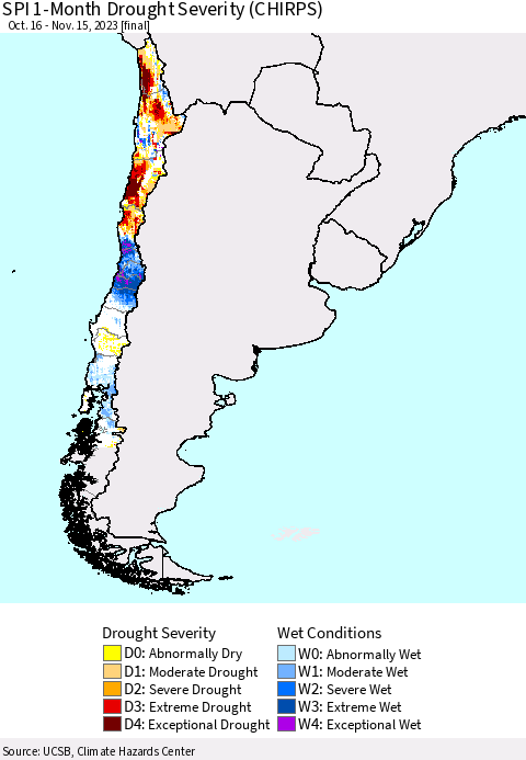 Chile SPI 1-Month Drought Severity (CHIRPS) Thematic Map For 10/16/2023 - 11/15/2023