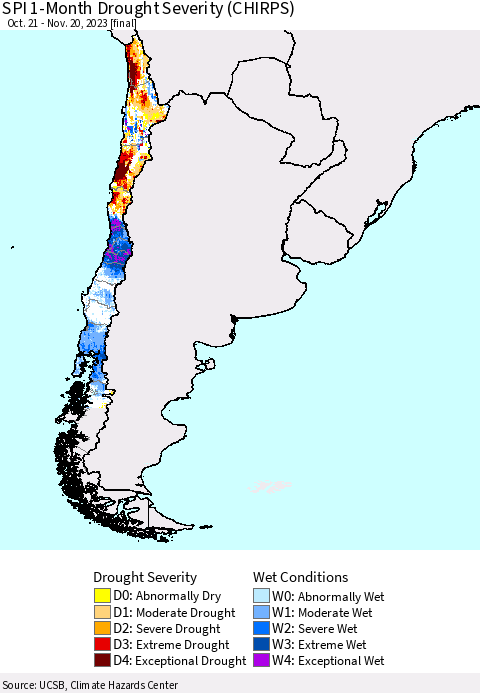 Chile SPI 1-Month Drought Severity (CHIRPS) Thematic Map For 10/21/2023 - 11/20/2023