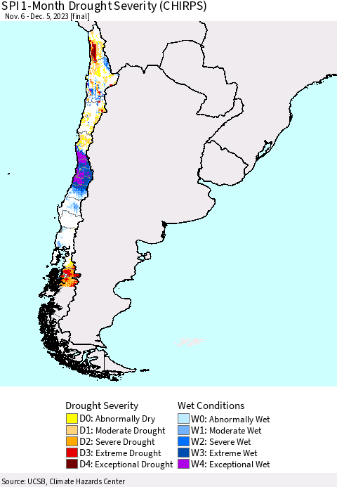 Chile SPI 1-Month Drought Severity (CHIRPS) Thematic Map For 11/6/2023 - 12/5/2023