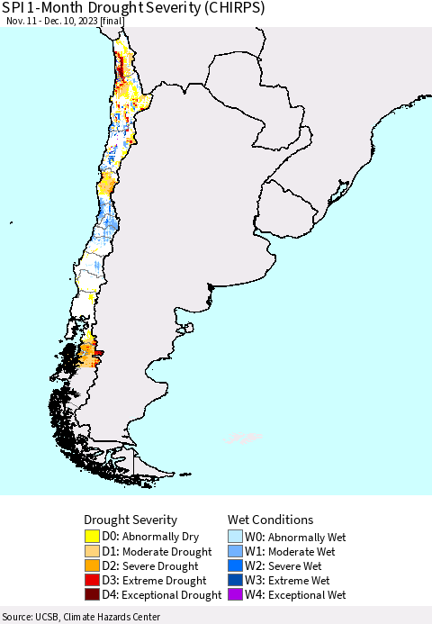 Chile SPI 1-Month Drought Severity (CHIRPS) Thematic Map For 11/11/2023 - 12/10/2023