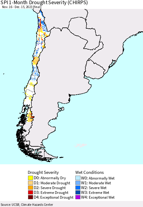 Chile SPI 1-Month Drought Severity (CHIRPS) Thematic Map For 11/16/2023 - 12/15/2023