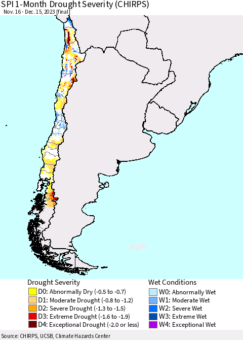 Chile SPI 1-Month Drought Severity (CHIRPS) Thematic Map For 11/16/2023 - 12/15/2023