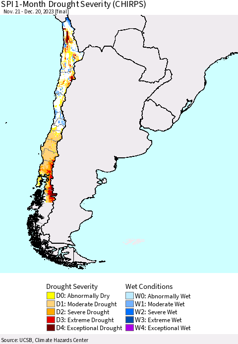 Chile SPI 1-Month Drought Severity (CHIRPS) Thematic Map For 11/21/2023 - 12/20/2023