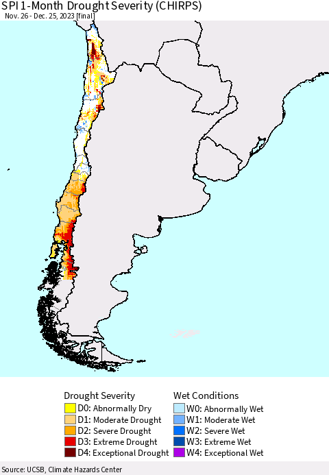 Chile SPI 1-Month Drought Severity (CHIRPS) Thematic Map For 11/26/2023 - 12/25/2023