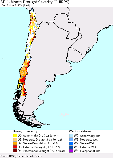 Chile SPI 1-Month Drought Severity (CHIRPS) Thematic Map For 12/6/2023 - 1/5/2024