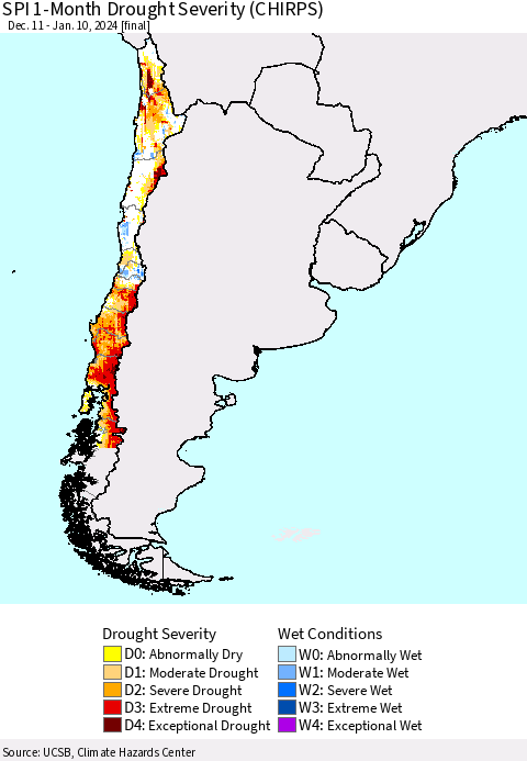 Chile SPI 1-Month Drought Severity (CHIRPS) Thematic Map For 12/11/2023 - 1/10/2024