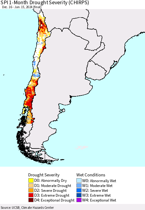 Chile SPI 1-Month Drought Severity (CHIRPS) Thematic Map For 12/16/2023 - 1/15/2024