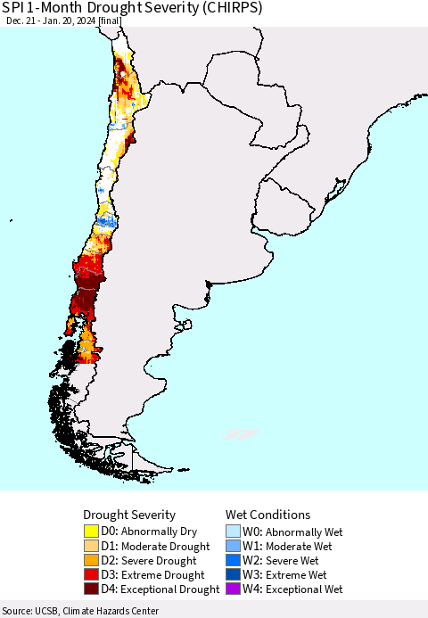 Chile SPI 1-Month Drought Severity (CHIRPS) Thematic Map For 12/21/2023 - 1/20/2024