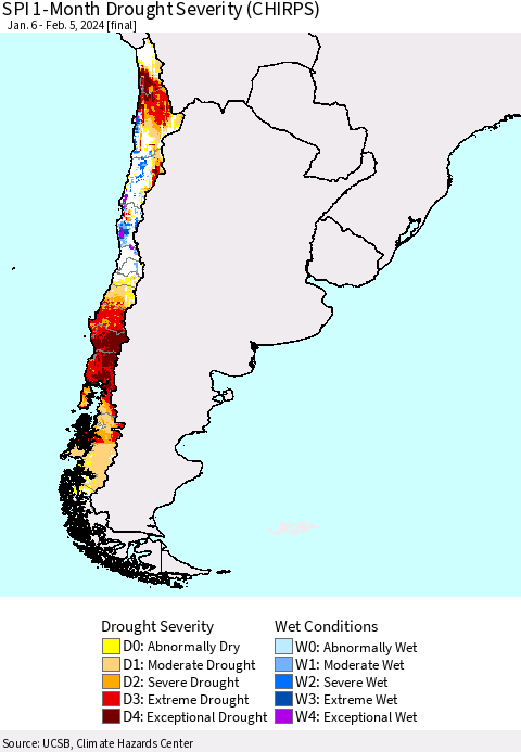 Chile SPI 1-Month Drought Severity (CHIRPS) Thematic Map For 1/6/2024 - 2/5/2024