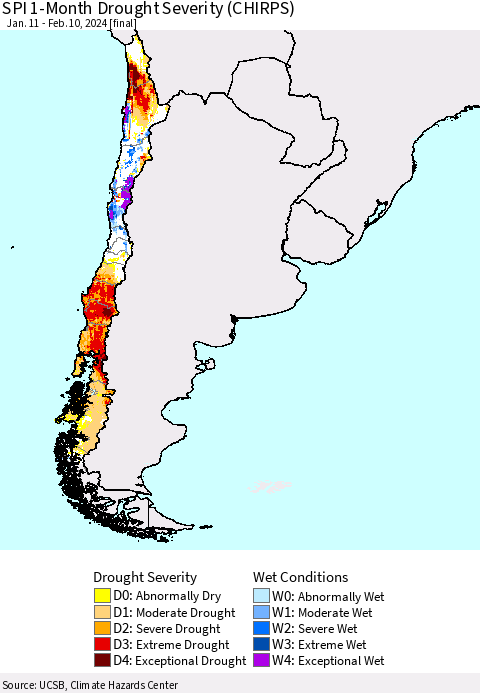Chile SPI 1-Month Drought Severity (CHIRPS) Thematic Map For 1/11/2024 - 2/10/2024