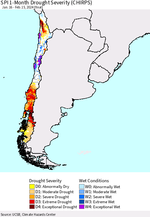 Chile SPI 1-Month Drought Severity (CHIRPS) Thematic Map For 1/16/2024 - 2/15/2024