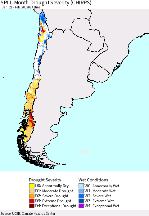 Chile SPI 1-Month Drought Severity (CHIRPS) Thematic Map For 1/21/2024 - 2/20/2024