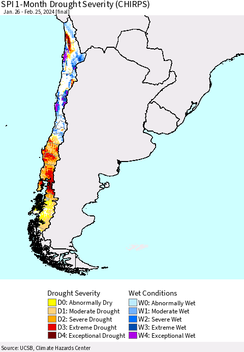 Chile SPI 1-Month Drought Severity (CHIRPS) Thematic Map For 1/26/2024 - 2/25/2024