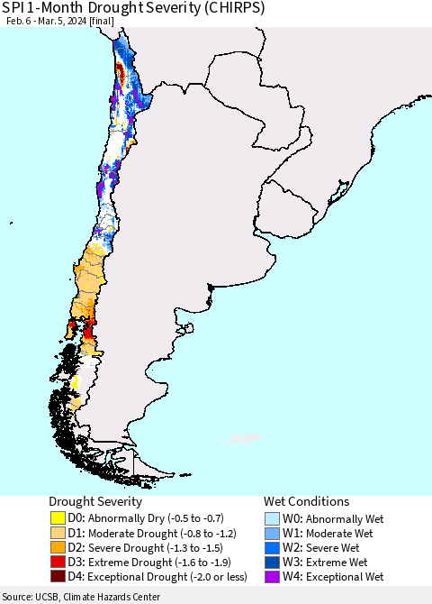 Chile SPI 1-Month Drought Severity (CHIRPS) Thematic Map For 2/6/2024 - 3/5/2024