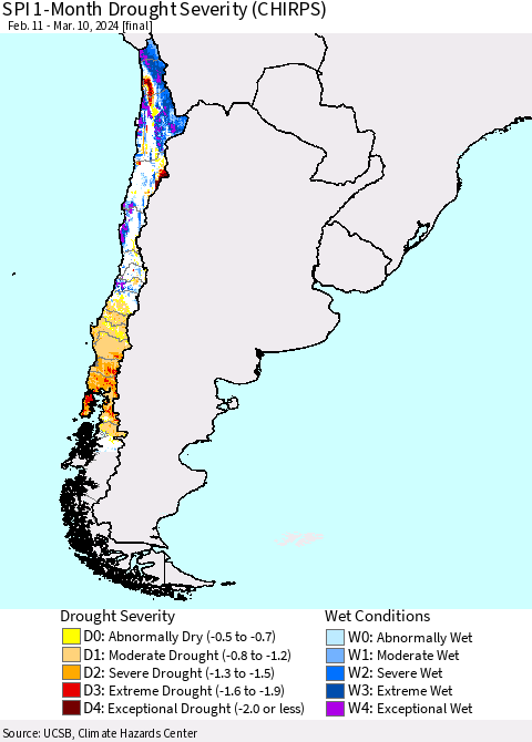 Chile SPI 1-Month Drought Severity (CHIRPS) Thematic Map For 2/11/2024 - 3/10/2024