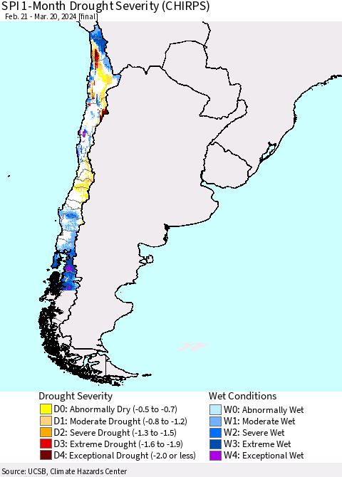 Chile SPI 1-Month Drought Severity (CHIRPS) Thematic Map For 2/21/2024 - 3/20/2024