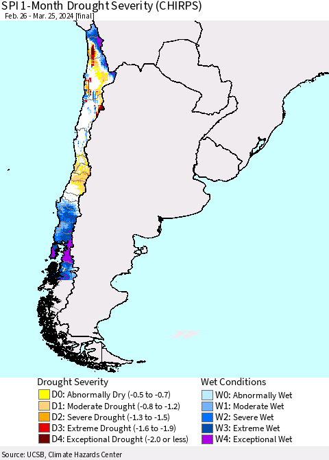 Chile SPI 1-Month Drought Severity (CHIRPS) Thematic Map For 2/26/2024 - 3/25/2024