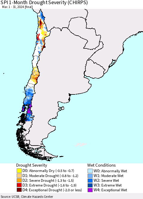 Chile SPI 1-Month Drought Severity (CHIRPS) Thematic Map For 3/1/2024 - 3/31/2024